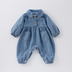 Infant Baby Unisex Denim Solid Color Long-sleeved One Piece Pocketed Rompers Wholesale