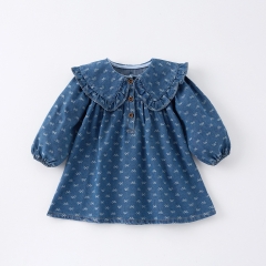 2025 Spring Infant Baby Kids Girls Butterfly-Bows Pattern Denim Long Sleeves Dress Wholesale