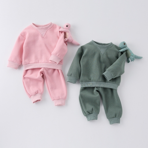 Spring Infant Baby Kids Cartoon Toy Attached Long Sleeves Casual Top + Pants Solid Color Sets Wholesale