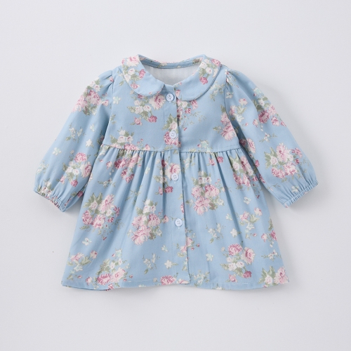 New Arrival Spring Infant Baby Kids Girls Stylish Flowers Pattern Princess Long Sleeves Single Breasted Dress Wholesale