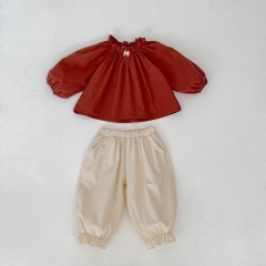 Spring Infant Baby Girls Ruffle Neck Long Sleeves Red Top + Beige Pants Sets Wholesale