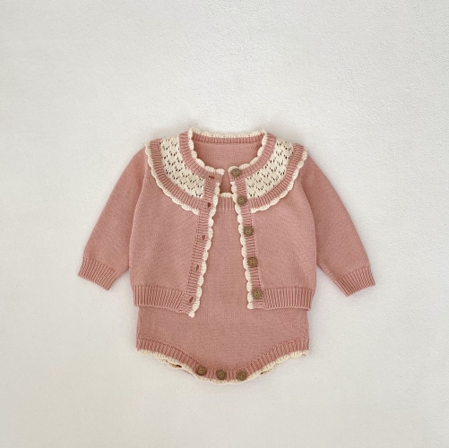 2025 Spring Infant Baby Girls Color Patchwork Long Sleeves Cardigan With Strap Bodysuit Onesies Sets Wholesale