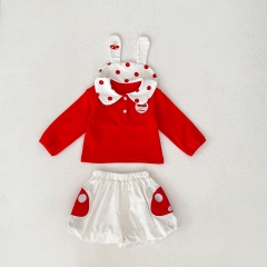 Spring Infant Baby Girls Rabbit Design Collar Long Sleeves Red Top + Shorts Sets Wholesale