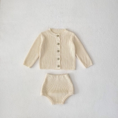 2025 Spring Infant Baby Unisex Solid Color Long Sleeves Knitted Top With Bloomers Sets Wholesale