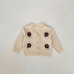 New Spring Infant Girls Pure Cotton Flowers Pattern Long Sleeves Single Breasted Knitted Cardigan Wholesale