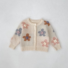 New Spring Infant Girls Pure Cotton Flowers Jacquard Pattern Long Sleeves Single Breasted Knitted Cardigan Wholesale