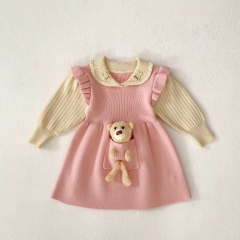 2025 Spring Infant Baby Kids Girls Color Patchwork Long Sleeves Teddy Attached Dress Wholesale