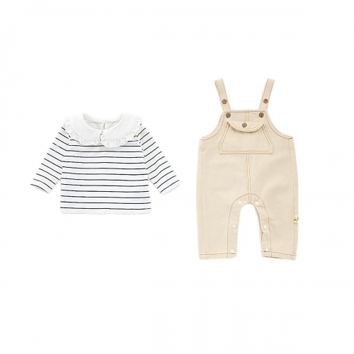 2025 Spring Infant Baby Girl Striped Pattern Long Sleeves Top With Denim Overalls Sets Wholesale