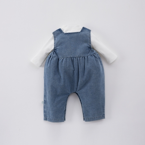 2025 Spring Infant Baby Girl Solid Color Long Sleeves Top With Embroidered Denim Overalls Sets Wholesale