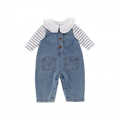 2025 Spring Infant Baby Girl Striped Pattern Long Sleeves Top With Denim Overalls Sets Wholesale