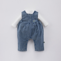 2025 Spring Infant Baby Girl Solid Color Long Sleeves Top With Embroidered Denim Overalls Sets Wholesale