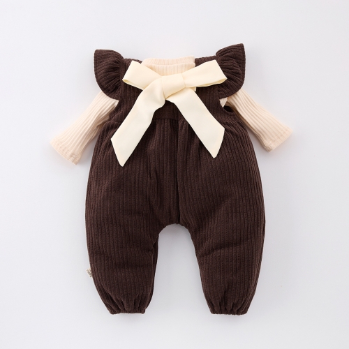 2025 Spring Infant Baby Girls Solid Color Long Sleeves Butterfly-bow Tied Top With Overalls Sets Wholesale