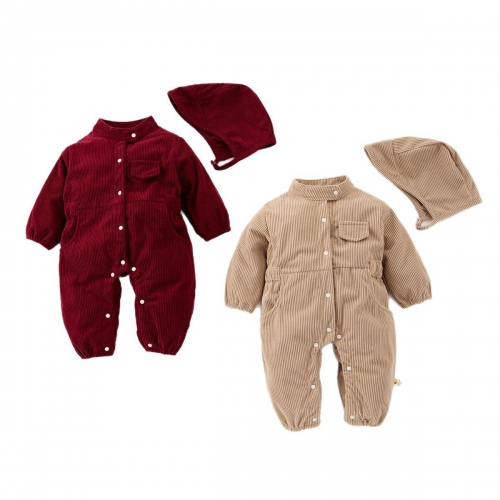 Spring Infant Baby Unisex Long Sleeves Utility Rompers with Hat Wholesale