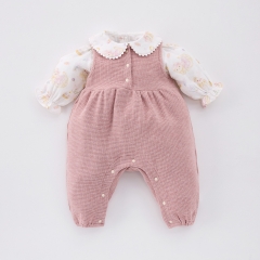 2025 Spring Infant Baby Girls Cartoon Pattern Long Sleeves Top With Pink Knitted Overalls Sets Wholesale