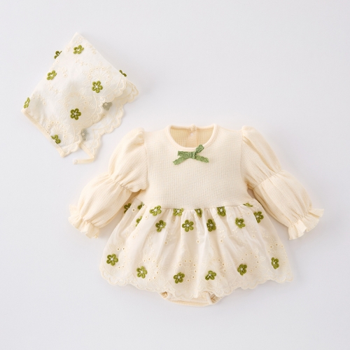 Spring Infant Baby Girls Long Sleeves Floral Embroidered Pattern Bodysuit Onesies with Hat Wholesale