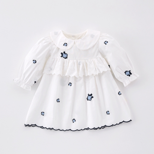 Spring Infant Baby Girls Long Sleeves One Piece Floral Embroidered Pattern Dress Wholesale