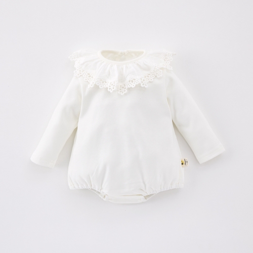 Spring Infant Baby Girls Long Sleeves Floral Lace Trim Collar Bodysuit Onesies Wholesale