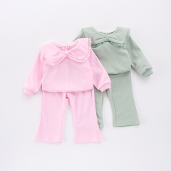 2025 Spring Infant Baby Girls Solid Color Long Sleeves Lace Collar Top With Pants Sets Wholesale