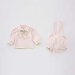 2025 Spring Infant Baby Girls Long Sleeves Flowers Butterfly-bow Tied Top With Onesies Overalls Sets Wholesale