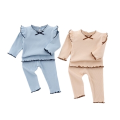 2025 Spring Infant Baby Girls Curve Trim Long Sleeves Top With Pants Sets Wholesale