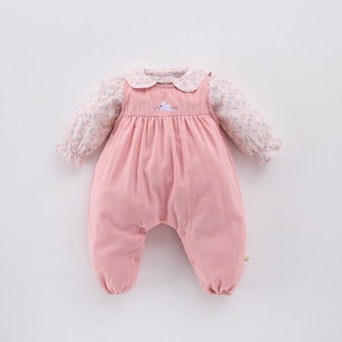 2025 Spring Infant Baby Girls Floral Long Sleeves Top With Embroidered Overalls Sets Wholesale