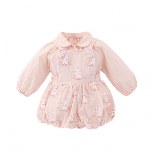 2025 Spring Infant Baby Girls Long Sleeves Solid Color Pink Top With Cartoon Onesies Overalls Sets Wholesale