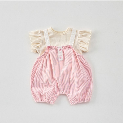 2025 Summer Infant Baby Girls Fly Sleeves Solid Color Beige Top With Striped Rompers Overalls Sets Wholesale