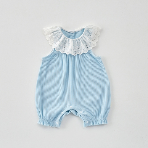 2025 Summer Infant Baby Girls Sleeveless Hollow-out Collar Lace Trim Rompers Wholesale