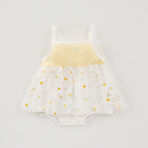 2025 Summer Infant Baby Girls Sleeveless Flowers Pattern Embroidered Tulle Patchwork Onesies Wholesale