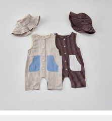 2025 Summer Infant Baby Boys Sleeveless Single Breasted Striped Rompers Wholesale