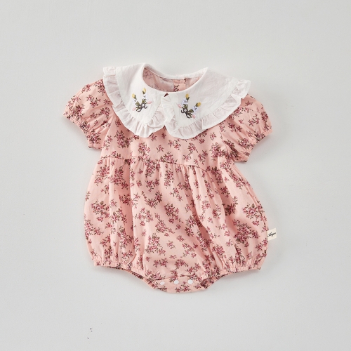 2025 Summer Infant Baby Girls Short Sleeves Flowers Pattern Embroidered and Printed Onesies Wholesale