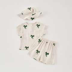 2025 Summer Infant Baby Kids Unisex Short Sleeves Palm Trees Pattern Top With Shorts Sets Wholesale