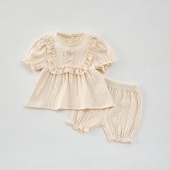 2025 Summer Infant Baby Girls Short Sleeves Solid Color Top With Bloomers Sets Wholesale