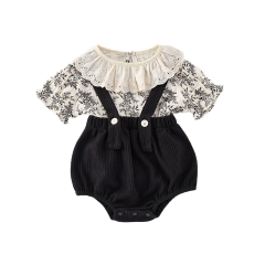 2025 Summer Infant Baby Girls Short Sleeves Floral Top With Black Onesies Overalls Sets Wholesale