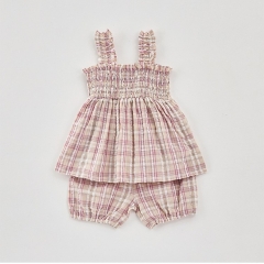 2025 Summer Infant Baby Girls Sleeveless Plaid Pattern Top With Bloomers Sets Wholesale