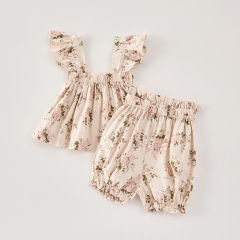 2025 Summer Infant Baby Girls Sleeveless Flowers Printed Top With Shorts Sets Wholesale