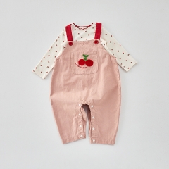 2025 Spring Infant Baby Girls Long Sleeves Cherry Pattern Top With Embroidered Rompers Overalls Sets Wholesale