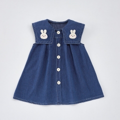 2025 Summer Infant Baby Kids Girls Denim Blue Sleeveless Single Breasted Dress Wholesale