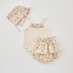 2025 Summer Infant Baby Girls Sleeveless Top Vest With Bloomers and Hat Sets Wholesale