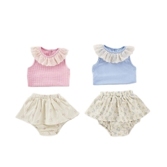 2025 Summer Infant Baby Girls Sleeveless Flowers Pattern Collar Top With Bloomers Sets Wholesale