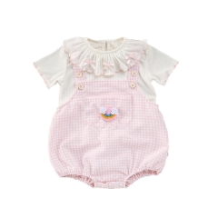 2025 Summer Infant Baby Girls Short Sleeves Top With Pink Plaid Onesies Overalls Sets Wholesale