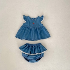 2025 Summer Infant Baby Girls Fly Sleeves Cherry Embroidered Denim Top With Bloomers Sets Wholesale