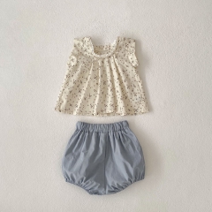 2025 Summer Infant Baby Girls Sleeveless Floral Top Vest With Grey Bloomers Sets Wholesale