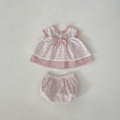 2025 Summer Infant Baby Girls Fly Sleeves Hollow-out Double-layer Top With Bloomers Sets Wholesale
