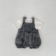 2025 Summer Infant Baby Girls Short Sleeves Rainbow Print T-shirt With Denim Overalls Sets Wholesale