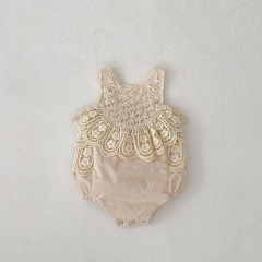 2025 Summer Infant Baby Girls Vintage Sleeveless Flowers Pattern Embroidered Lace Patchwork Onesies Wholesale