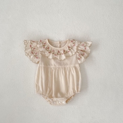 2025 Summer Infant Baby Girls Fly Sleeves Flowers Pattern Embroidered Onesies with Collar Wholesale