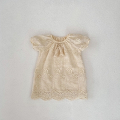 2025 Summer Infant Baby Girls Vintage Short Sleeves Flowers Pattern Embroidered Dress Wholesale