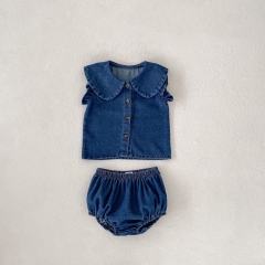 2025 Summer Infant Baby Girls Fly Sleeves Single Breasted Denim Top With Bloomers Sets Wholesale