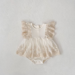 2025 Summer Infant Baby Kids Girls Lace Embroidery Floral Pattern Fly Sleeves Dress Wholesale